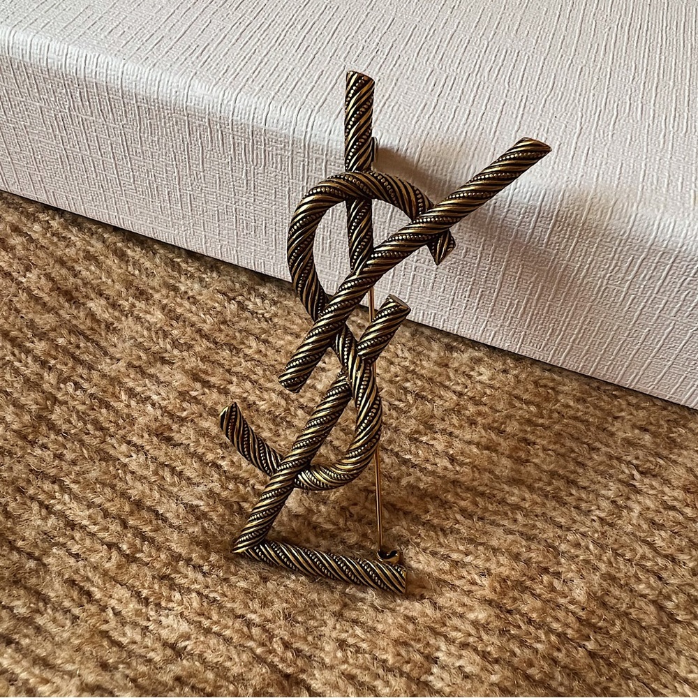 YSL Antiqued Brass Logo Brooch